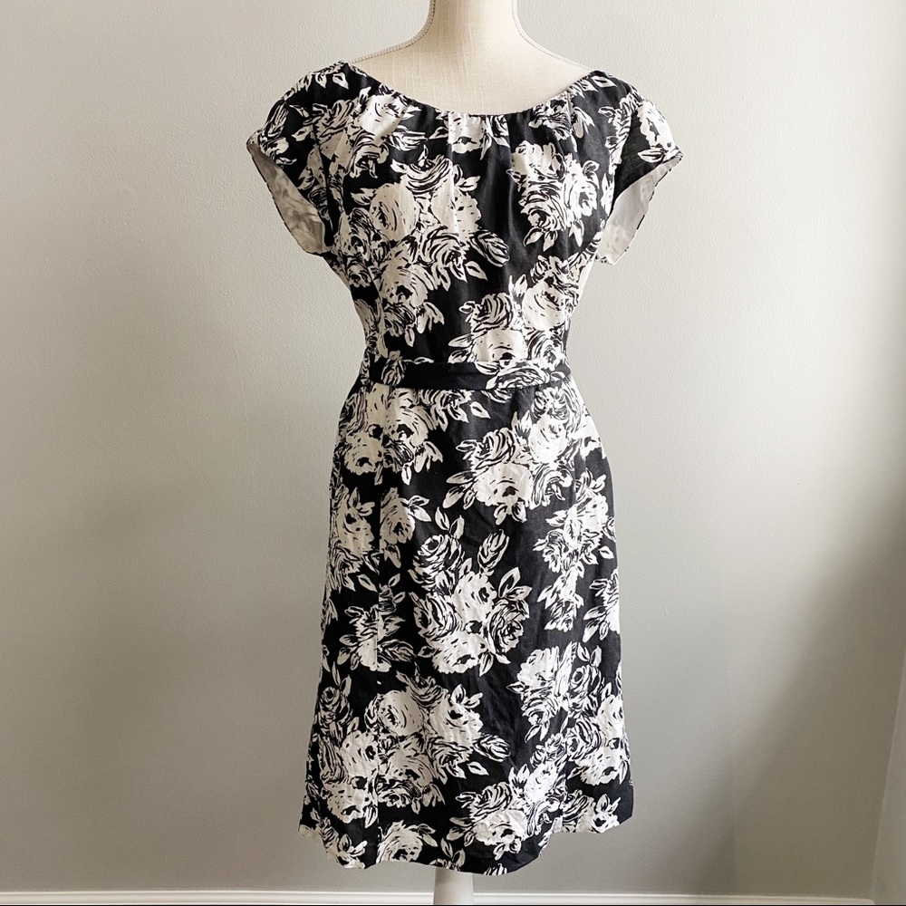 Lands’ End Black and White Floral Linen Dress